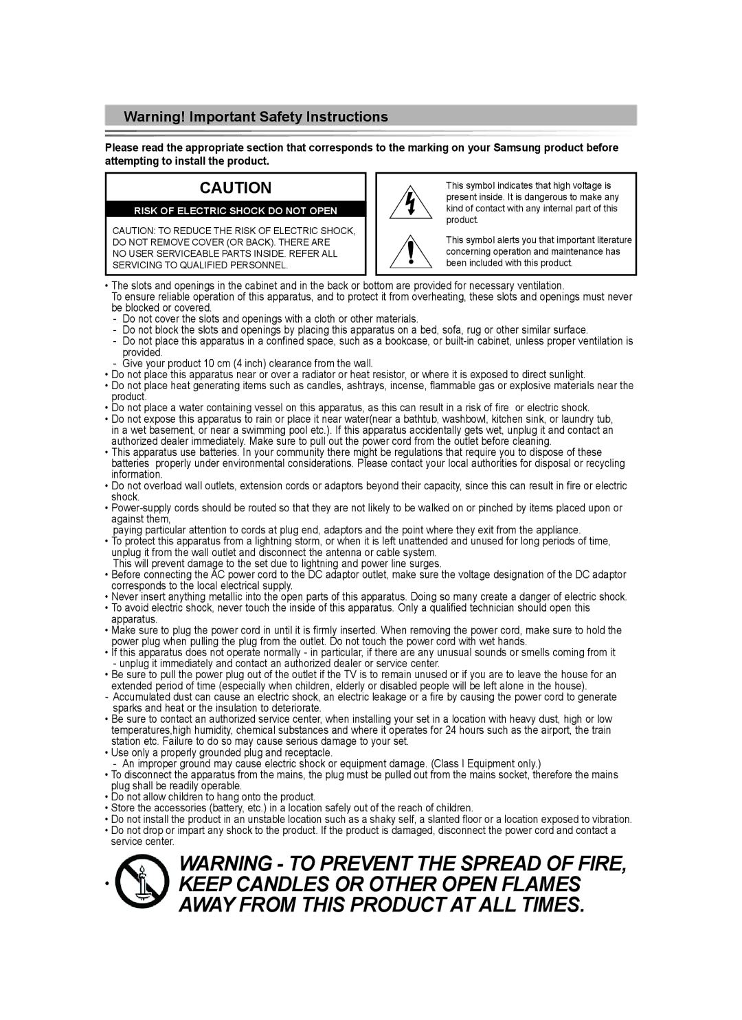 Samsung BN68-01412D-00 user manual Risk Of Electric Shock Do Not Open 